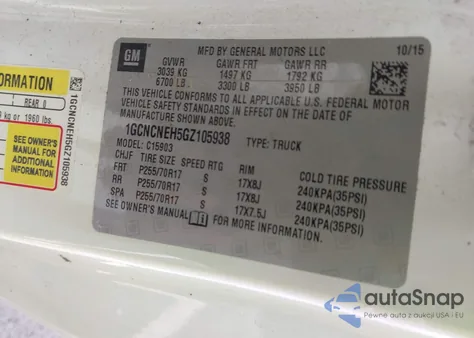 2016 Chevrolet Silverado 1500 Wt из США, поврежденный, VIN 1GCNCNEH5GZ105938